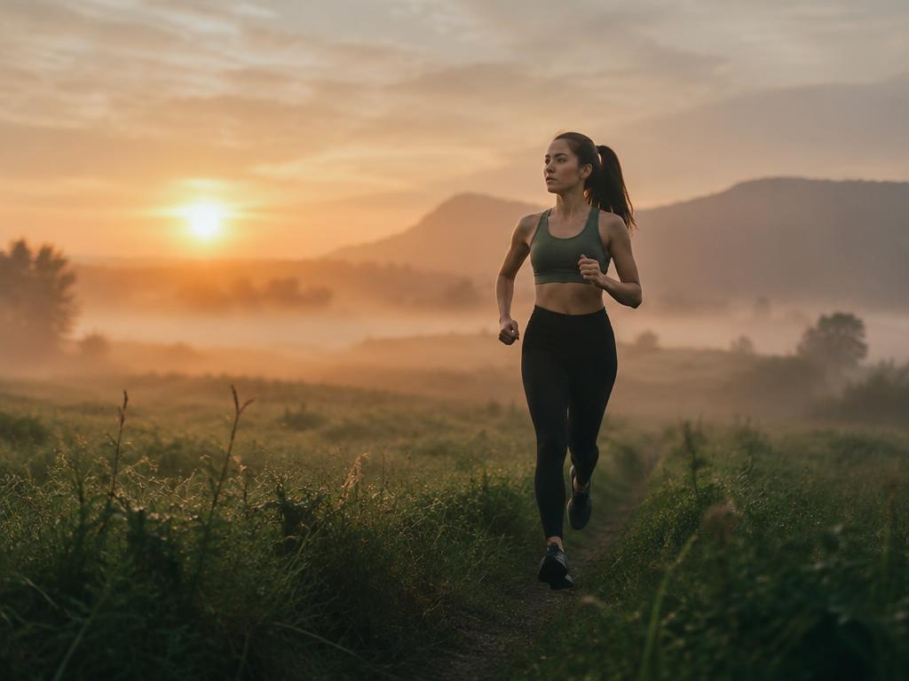 Woman running through a misty field at sunrise