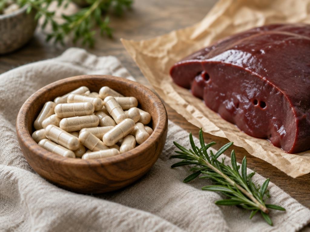 A wooden bowl of unbranded supplement capsules beside a slice of raw beef liver on butcher paper